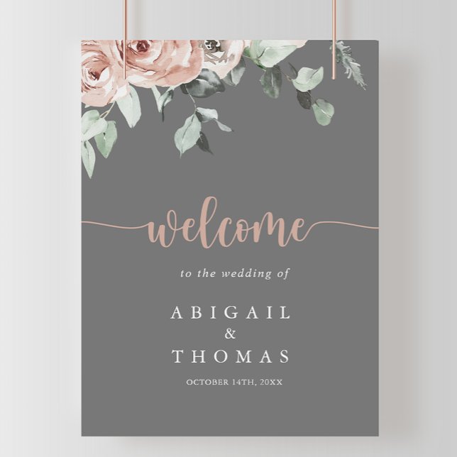 Klassisk dammig rosa rosblommig bröllopshälsning  poster (Skapare uppladdad)