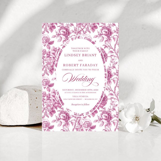 Klassisk dammig rosa Toile blommig bröllopsinbjuda Inbjudningar (Classic Dusty Pink Toile Floral Wedding Invitation Art

)