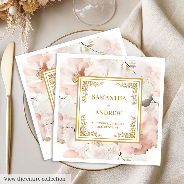 Klassisk dammiga napor från rosa guld blommigt brö pappersservett (Classic dusty pink gold floral wedding napkins)