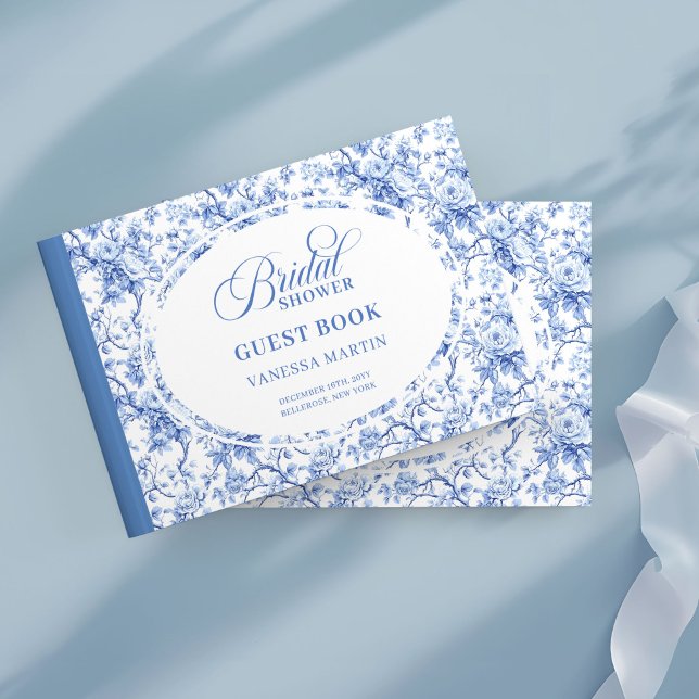 Klassisk Dammtor Blue Toile Roser Bröllopsduschlog Gästböcker (Classic Dusty Blue Toile Roses Bridal Shower Log

)