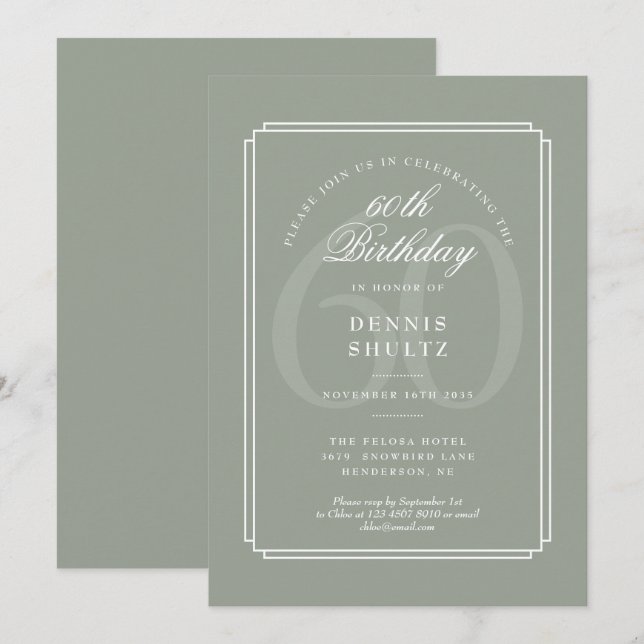 Klassisk Deco | Sage och Vit 60-årsdag Inbjudningar (Fram/baksida)