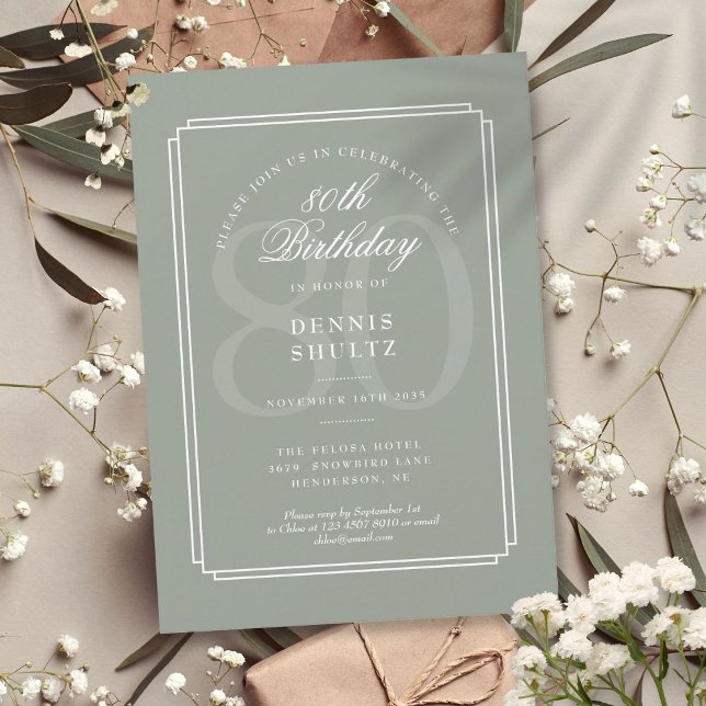 Klassisk Deco Sage och Vit 80-årsdag Inbjudningar (Classic Deco Sage and White 80th Birthday Invitation)