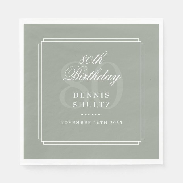 Klassisk Deco | Salvia och Vit 80-årsdag Pappersservett (Framsidan)