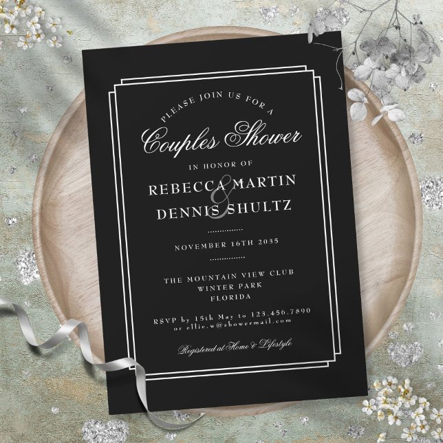 Klassisk Deco | Svart och vit parbröllopsfest Inbjudningar (Classic Deco | Black and White Couples Shower Invitation)