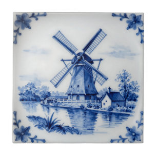 Klassisk Delft Blå Vindsmed Kanal Scen Kakelplatta