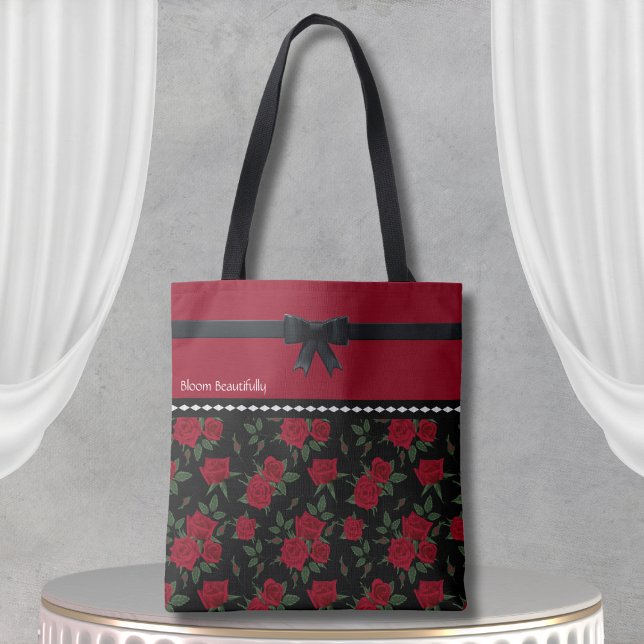Klassisk design för elegant Red and Black Ro Tygkasse (Elegant Red and Black Rose Tote Bag Classic Design)