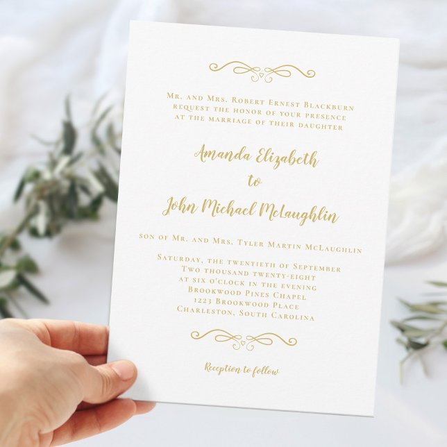 Klassisk Diskret Guld Formell Elegant Chic Bröllop Inbjudningar (Classic Delicate Gold Formal Elegant Chic Wedding Invitation)