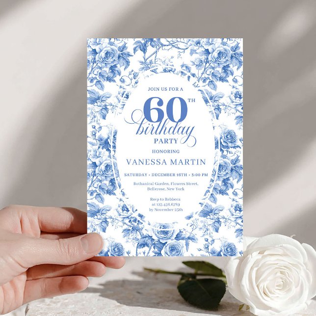 Klassisk djupblå blomstertoile 60-års födelsedagsi inbjudningar (Classic Deep Blue Floral Toile 60th Birthday Invite)