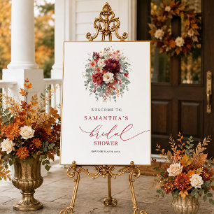 Klassisk djupröd blomster höst bröllopsdusch välko poster