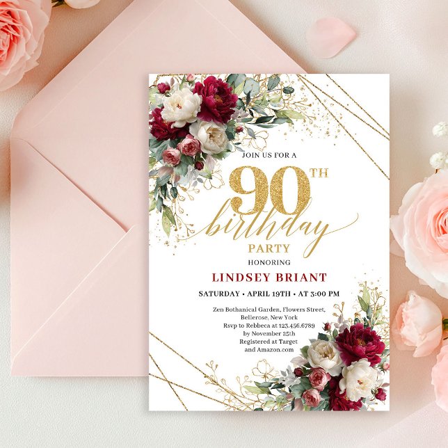Klassisk djupröd blomsterguld 90-års inbjudan (Classic Deep Red Floral Gold 90th Birthday Invitation)