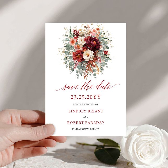 Klassisk djupröd guld höst Spara datum-kort Datumet (Classic Deep Red Gold Autumn Save The Date Card

)
