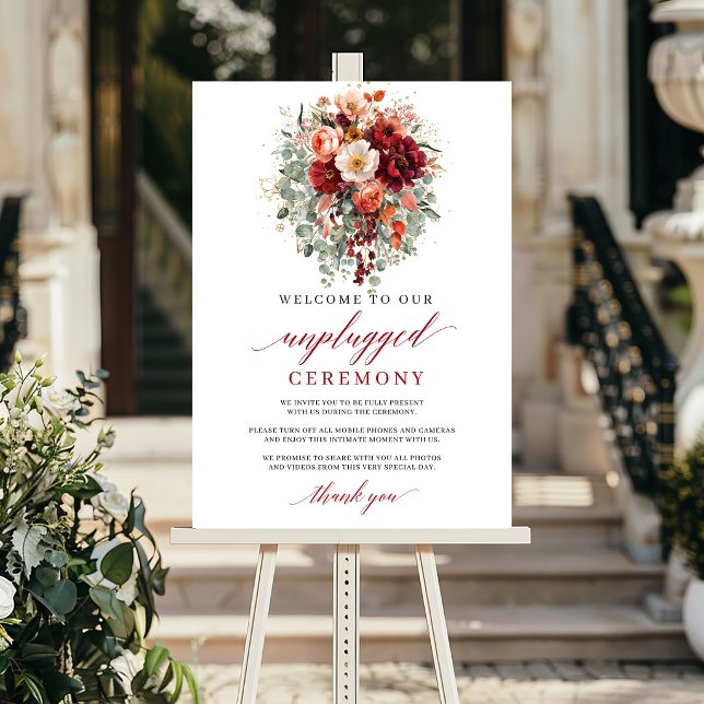 Klassisk djupröd höst Unplugged ceremoni skylt  (Classic Deep Red Autumn Unplugged Ceremony Sign Design

)