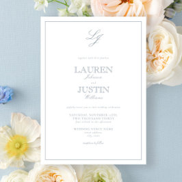 Klassisk Dusty Blue Calligraphy Monogram Bröllop Inbjudningar