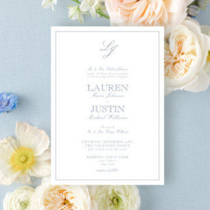 Klassisk Dusty Blue Calligraphy Monogram Bröllop Inbjudningar