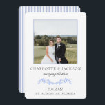 Klassisk Dusty Blue Elegant-Blommigt med foto Spara Datumet<br><div class="desc">Blommigten Skalbar, blå, delikat Elegant Klassisk Spara datum. Den här vattenfärgen sparar datumen med finstilta blåa blommor och rand på baksidan av datumkortet. Den här svit är perfekt för bruden med ett feminin stil men som vill ha ett rent och klassiskt bröllop. Kontakta mig om du behöver hjälp eller matchande...</div>