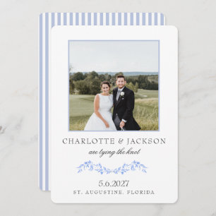 Klassisk Dusty Blue Elegant-Blommigt med foto Spara Datumet