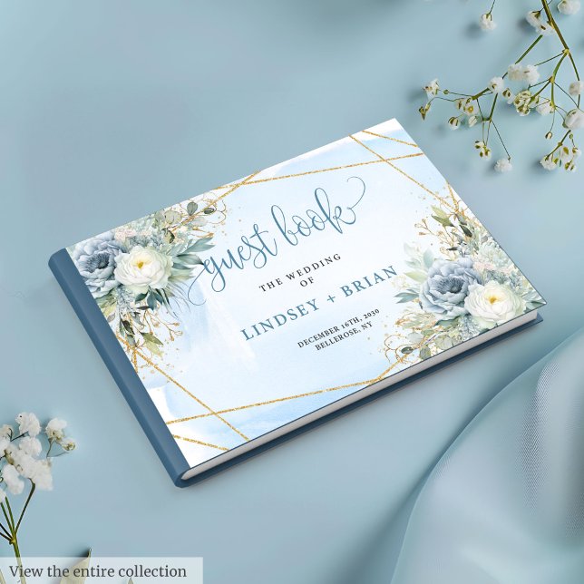 Klassisk Dusty Blue White Guld Flowers Guest Bok (Classic Dusty Blue White Gold Flowers Guest Book)
