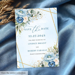 Klassisk Dusty Blue White Guld Peony sparar datume Inbjudningar