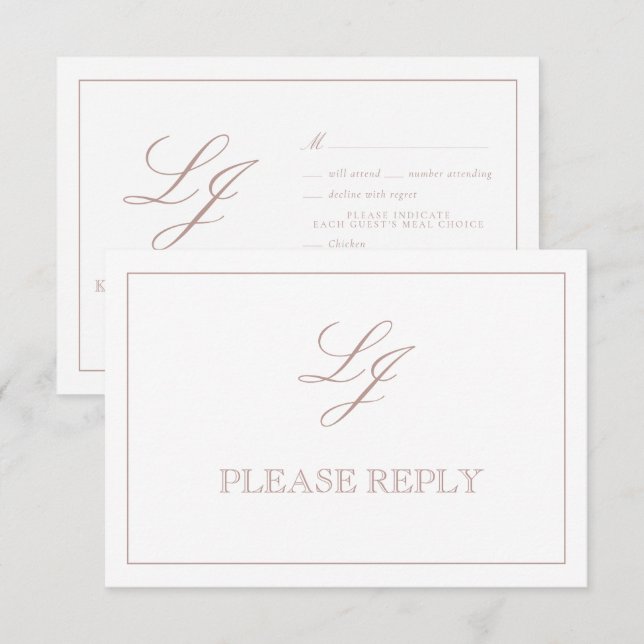 Klassisk Dusty Ro Calligraphy Monogram Bröllop OSA Kort (Fram/baksida)