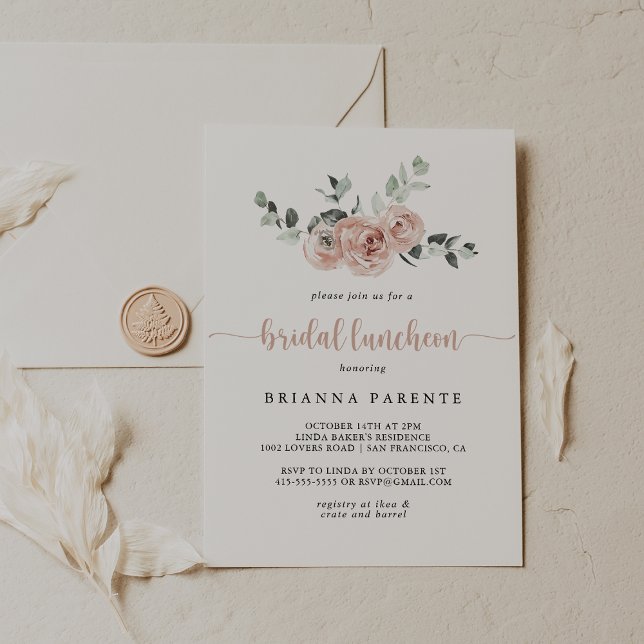 Klassisk Dusty Rosa ros Blommigt Möhippa Luncheon Inbjudningar (Skapare uppladdad)