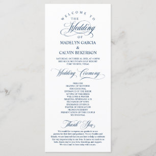 Klassisk Elegance Navy Blue Script Bröllop Ceremon Program