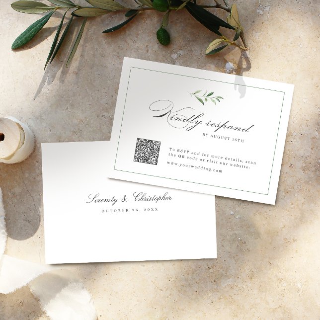 Klassisk Elegance Script Greenery bröllop QR-kod OSA Kort (Classic Elegance Script Greenery wedding QR code RSVP Card)
