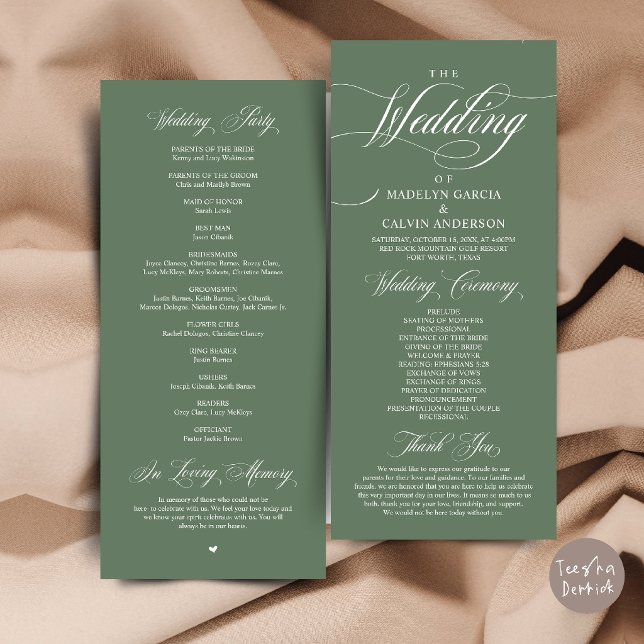 Klassisk Elegans Bröllopsceremoni Ordning Tack Program (Classic Elegance Wedding Ceremony Order Thank you Program Card in Sage Green)