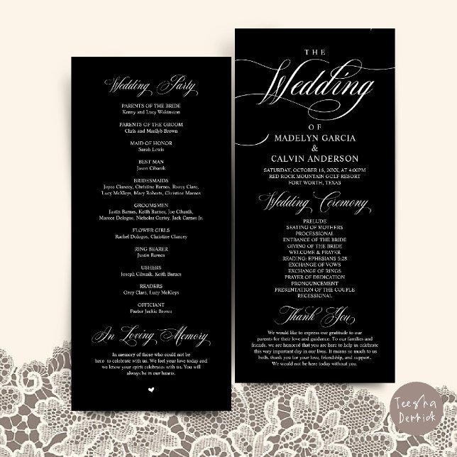 Klassisk Elegans Bröllopsceremoni Ordning Tack Program (Classic Elegance Wedding Ceremony Order Thank you Program Card in Black and White)