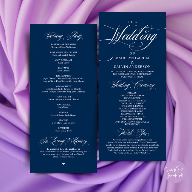 Klassisk Elegans Bröllopsceremoni Ordning Tack Program (Classic Elegance Wedding Ceremony Order Thank you Program Card in navy Blue)