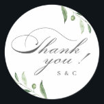 Klassisk Elegans Skript Grönska Tack Runt Klistermärke<br><div class="desc">Denna eleganta tack-märkning har klassisk skript och en enkel vattenfärg grönska design, perfekt för klassiskt bröllop, vintagebröllop, vårbröllop eller sommarbröllop.
Se alla matchande delar i kollektionen</div>