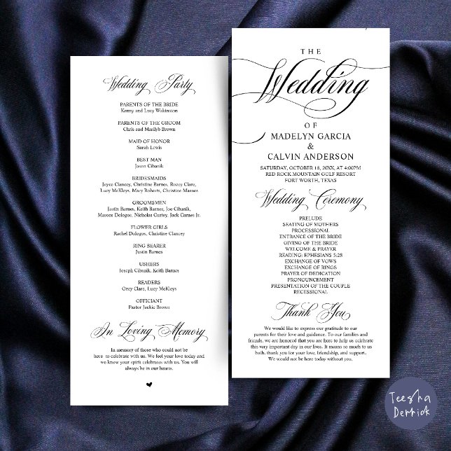 Klassisk Elegans Svart Skrift, Bröllopsceremoni Program (Classic Elegance Black Script, Wedding Ceremony Program Card)