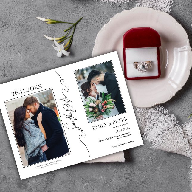 Klassisk Elegant 3 Photo Bröllop spara datum Meddelande Vykort (Classic Elegant 3 Photo Wedding Save the Date Announcement Postcard)