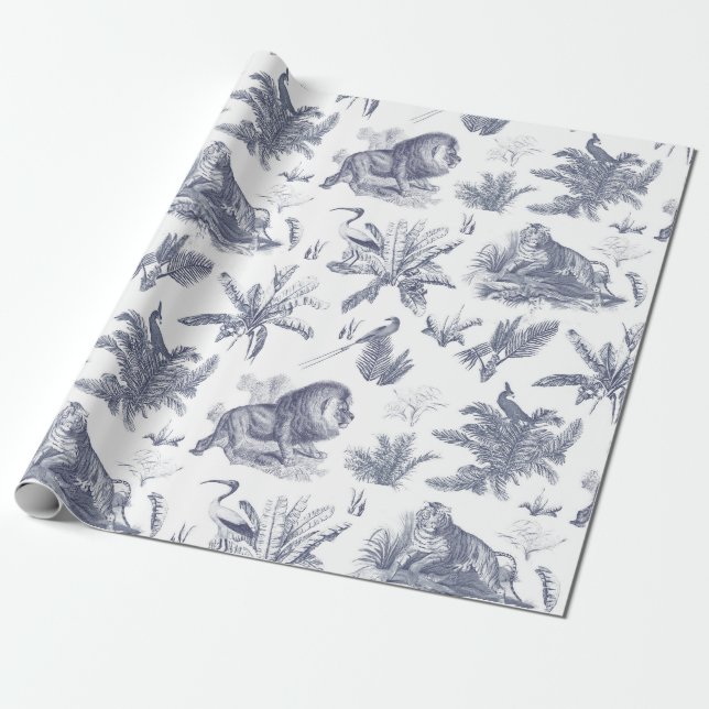 Klassisk Elegant Animals i Vilderness Blue Toile Presentpapper (Utrullad)