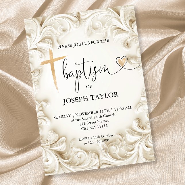 Klassisk Elegant Baptism Guld Kor Christening Inbjudningar (elegant ivory frame baptism invitation)