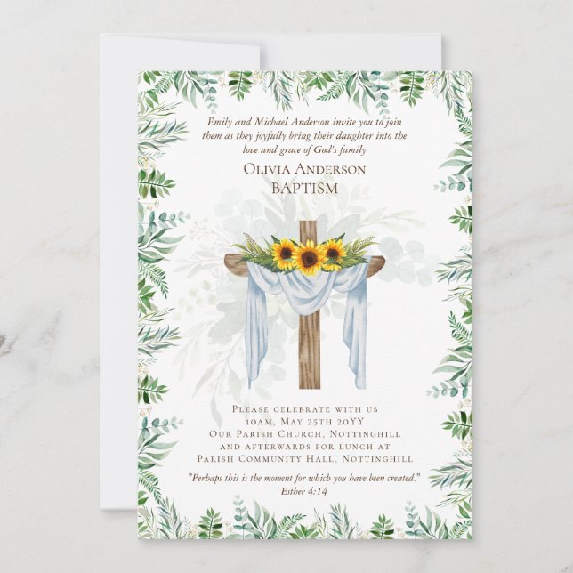 Klassisk Elegant BAPTISM Inbjudan Greenery Sunwers (Framsida)