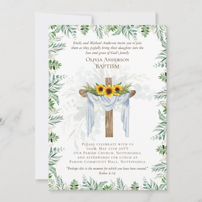 Klassisk Elegant BAPTISM Inbjudan Greenery Sunwers (Framsida)