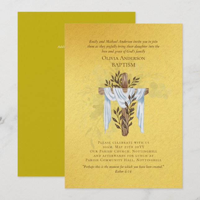 Klassisk Elegant BAPTISM Inbjudan Guld (Fram/baksida)