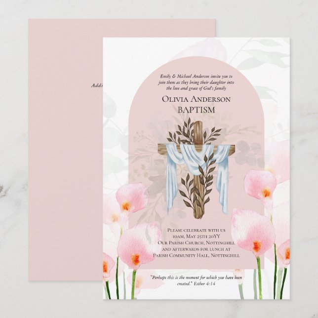 Klassisk Elegant BAPTISM Inbjudan Rosa Calla Lilys (Fram/baksida)