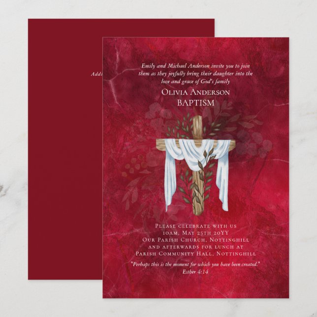 Klassisk Elegant BAPTISM Inbjudan Ruby Red (Fram/baksida)