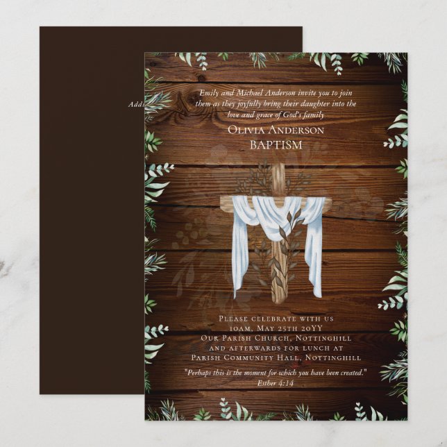 Klassisk Elegant BAPTISM Inbjudan Rustic Wood (Fram/baksida)