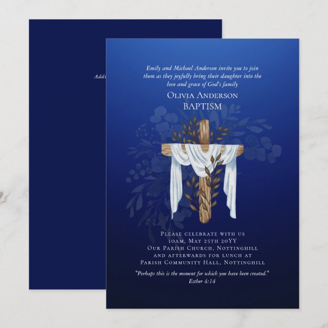 Klassisk Elegant BAPTISM Inbjudan Sapphire Blue (Fram/baksida)
