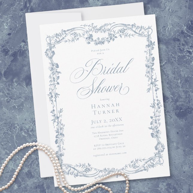 Klassisk Elegant Blå Blommig Ram Bröllopsfest Inbjudningar (Classic Elegant Blue Floral Frame Bridal Shower Invitation)