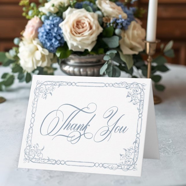 Klassisk Elegant Blå Blommig Ram Foto Bröllop Tack Kort (Classic Elegant Blue Floral Frame Photo Wedding Thank You Card)