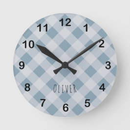 Klassisk Elegant Blå Gingham Rutigt & Anpassat Nam Rund Klocka