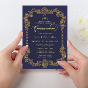 Klassisk Elegant Blå Guld Tiara Quinceanera Inbjudningar