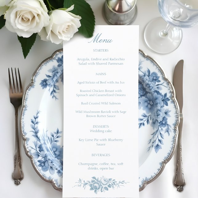 Klassisk Elegant Blå och vit Blommigt Toile Meny (Skapare uppladdad)