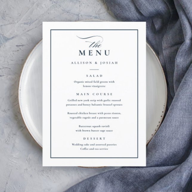 Klassisk Elegant, blå och vit Bröllop Meny (Elegant Navy Blue and White Wedding Menu.)