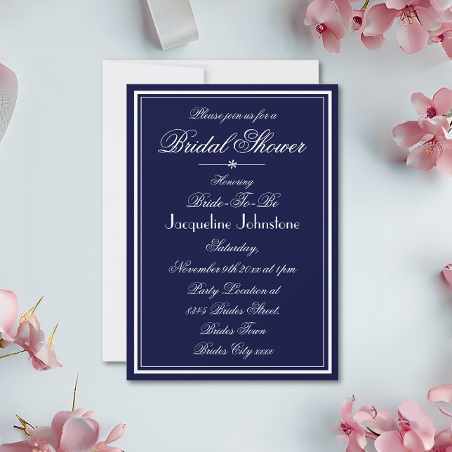 Klassisk Elegant, blå och vit Möhippa Inbjudningar (Simple, Elegant, Navy Blue and White Bridal Shower Invitation.)