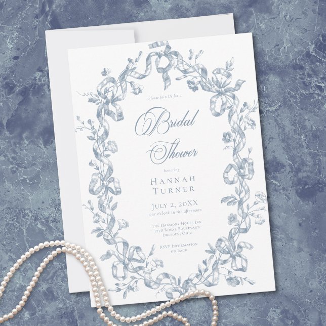 Klassisk Elegant Blå Oval Bands Bröllopsfest Inbjudningar (Classic Elegant Blue Oval Ribbon Bridal Shower Invitation)