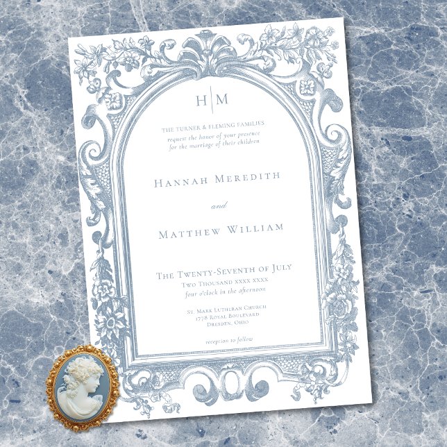 Klassisk Elegant Blå Valv Blommig Ram Bröllop Inbjudningar (Classic Elegant Blue Arch Floral Frame Wedding Invitation)